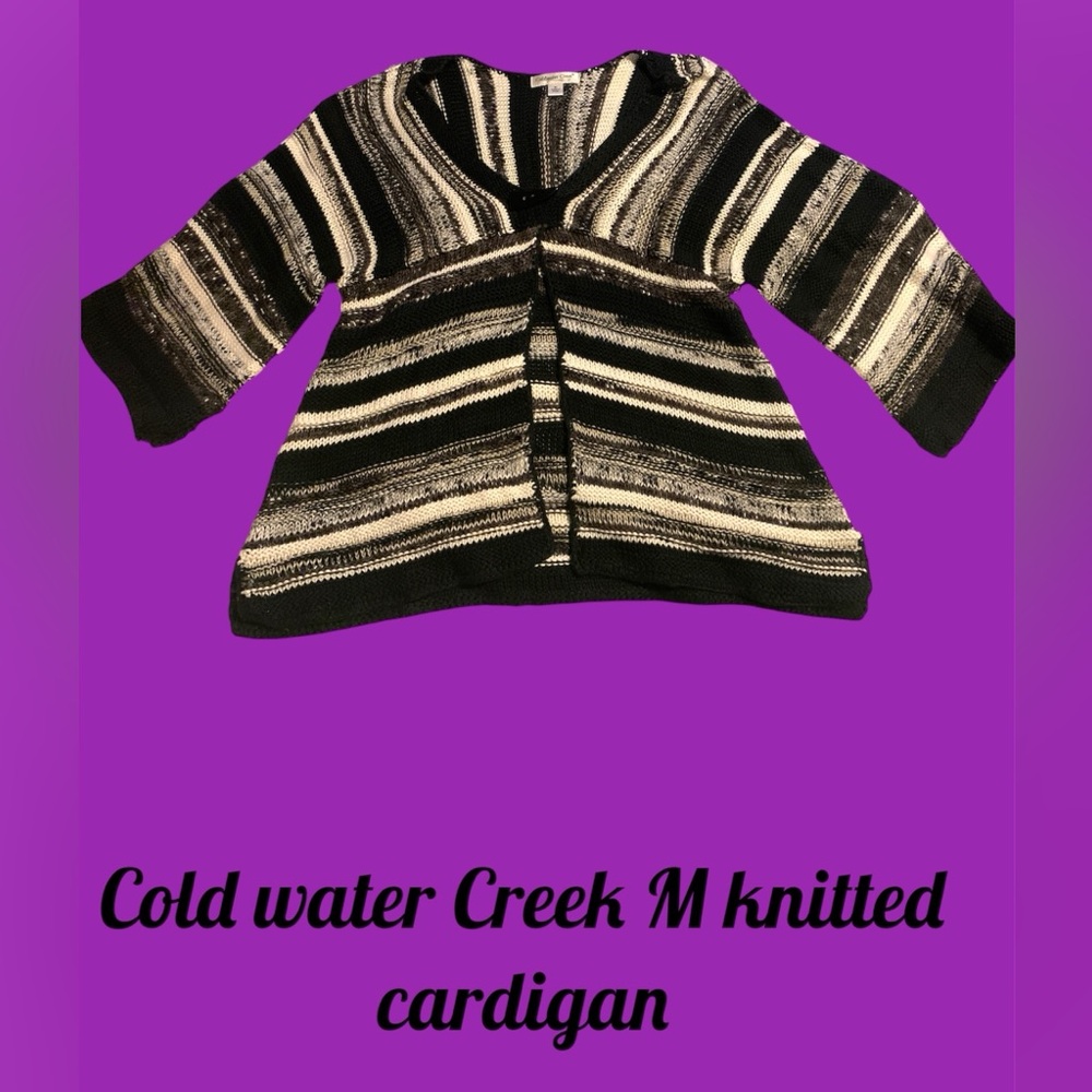 Coldwater Creek M black and white striped knitted cardigan with button closure